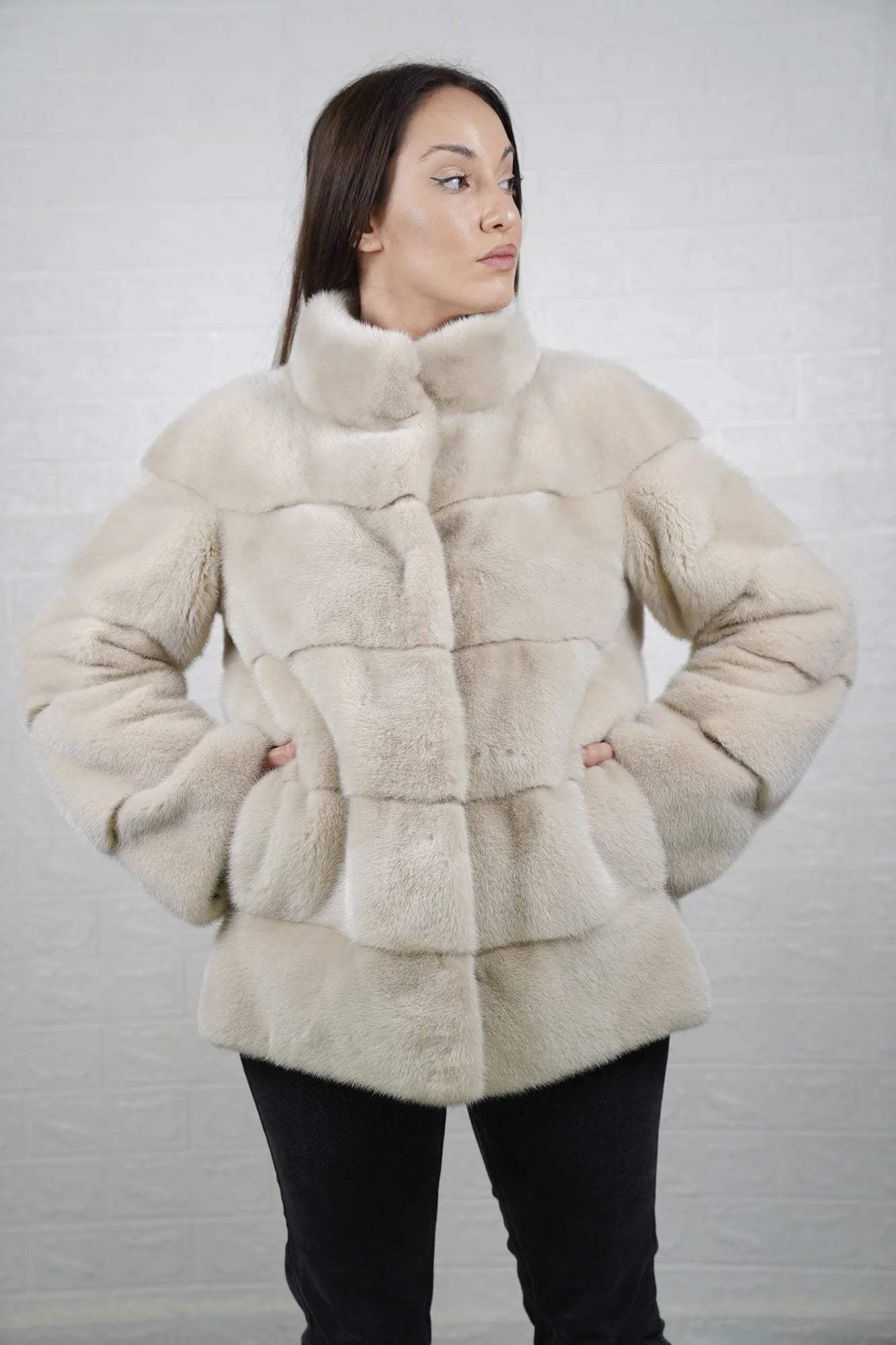 Mink fur jacket light beige women shown full length from front displaying mid length collared silhouette and clean hidden button closure
