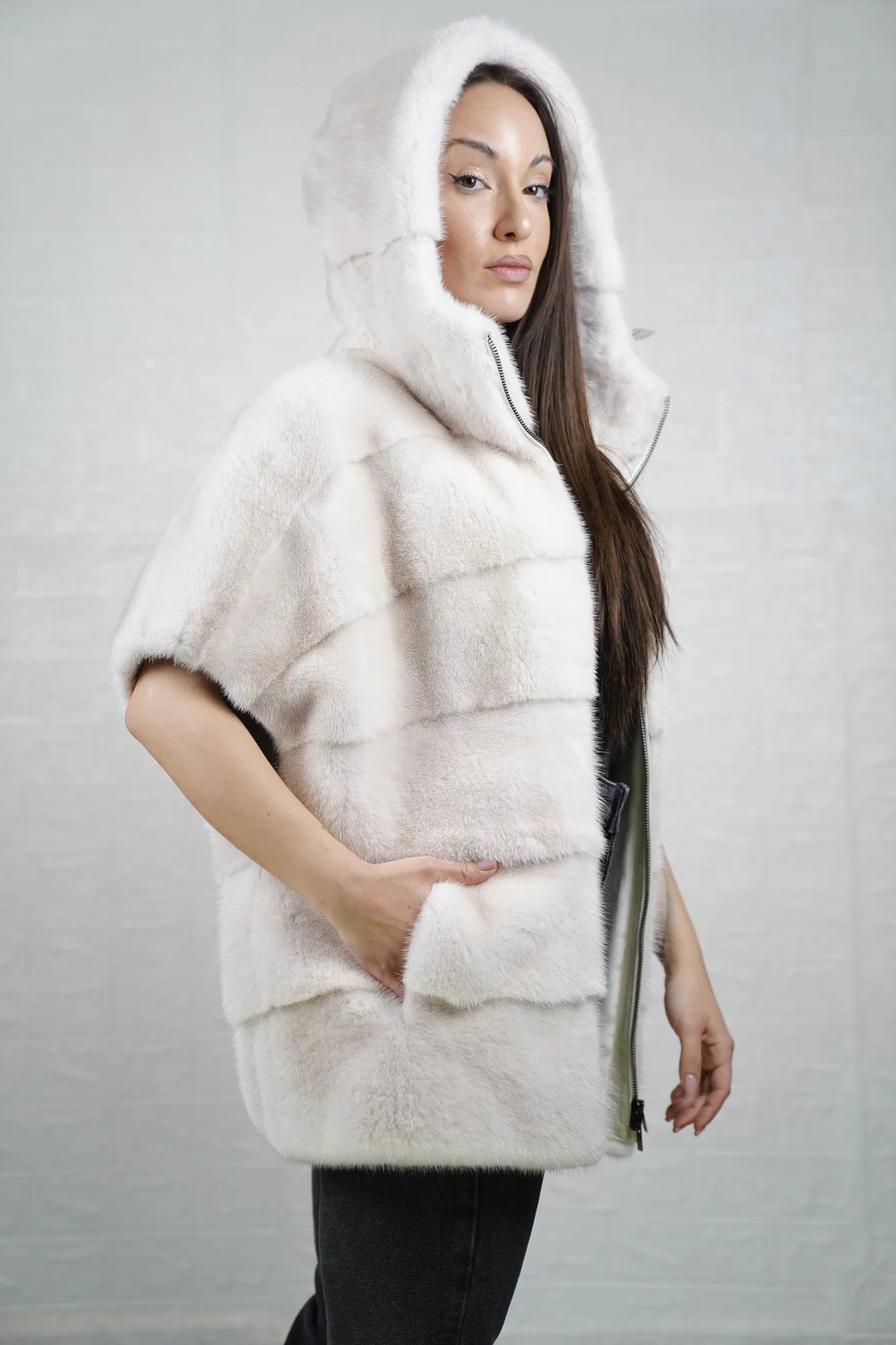 Mink fur cape white hooded short sleeves women — front view, TatiFurs
