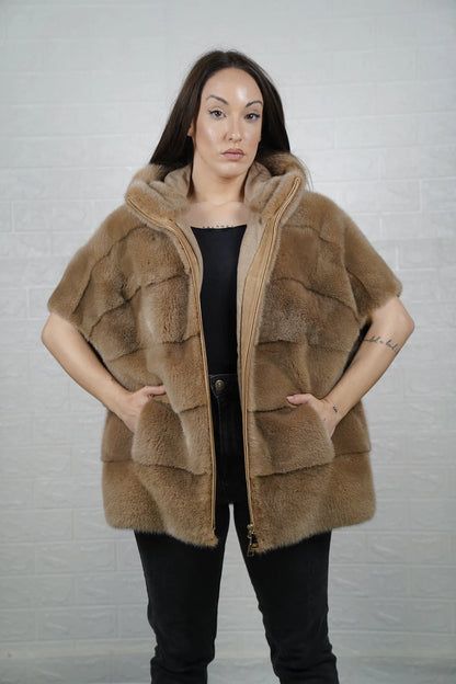 Mink fur cape brown hooded short sleeves women — front view, TatiFurs
