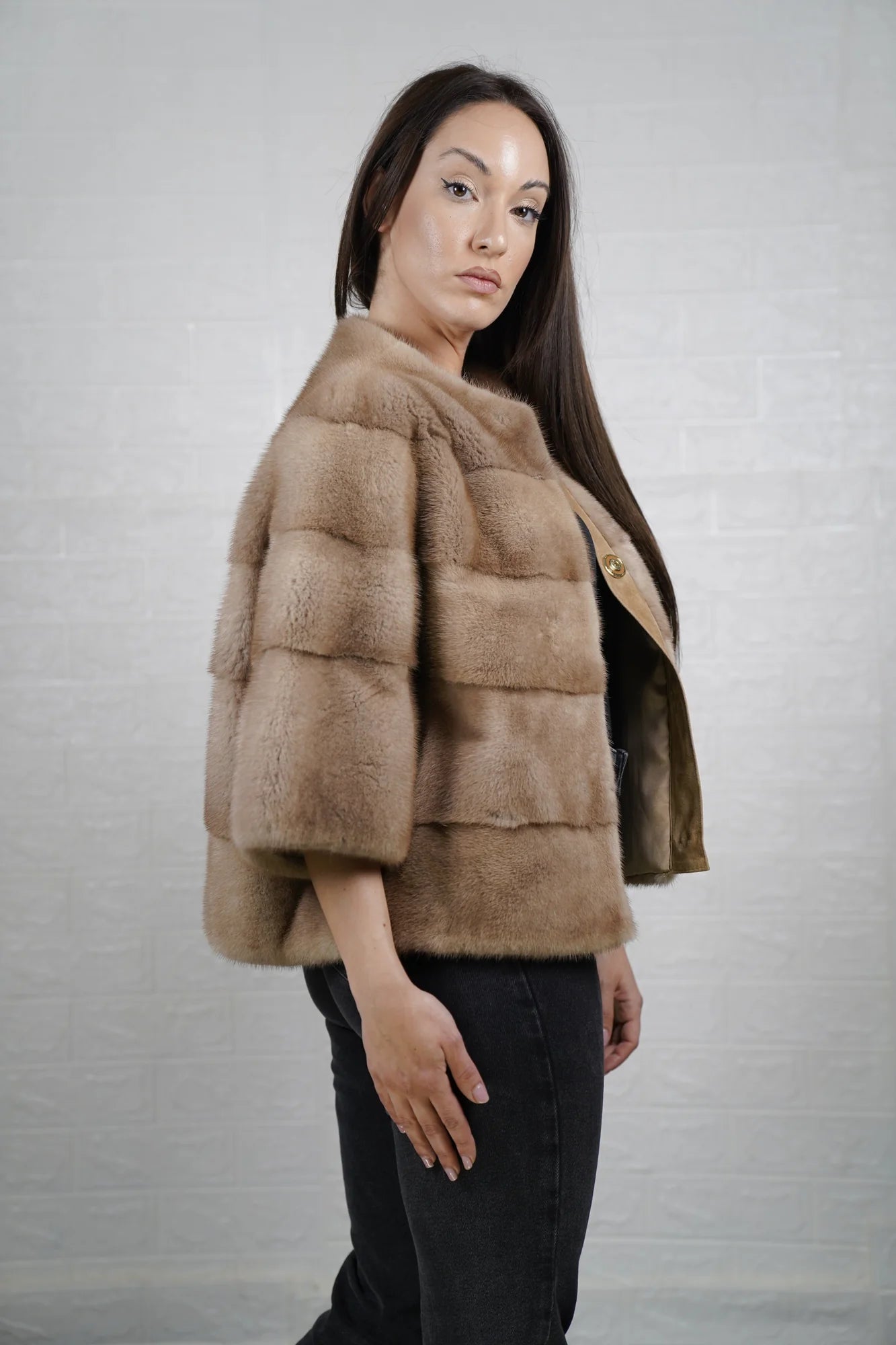 Mink fur jacket brown short bomber women — front view, TatiFurs

