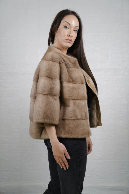 Mink fur jacket brown short bomber women — front view, TatiFurs
