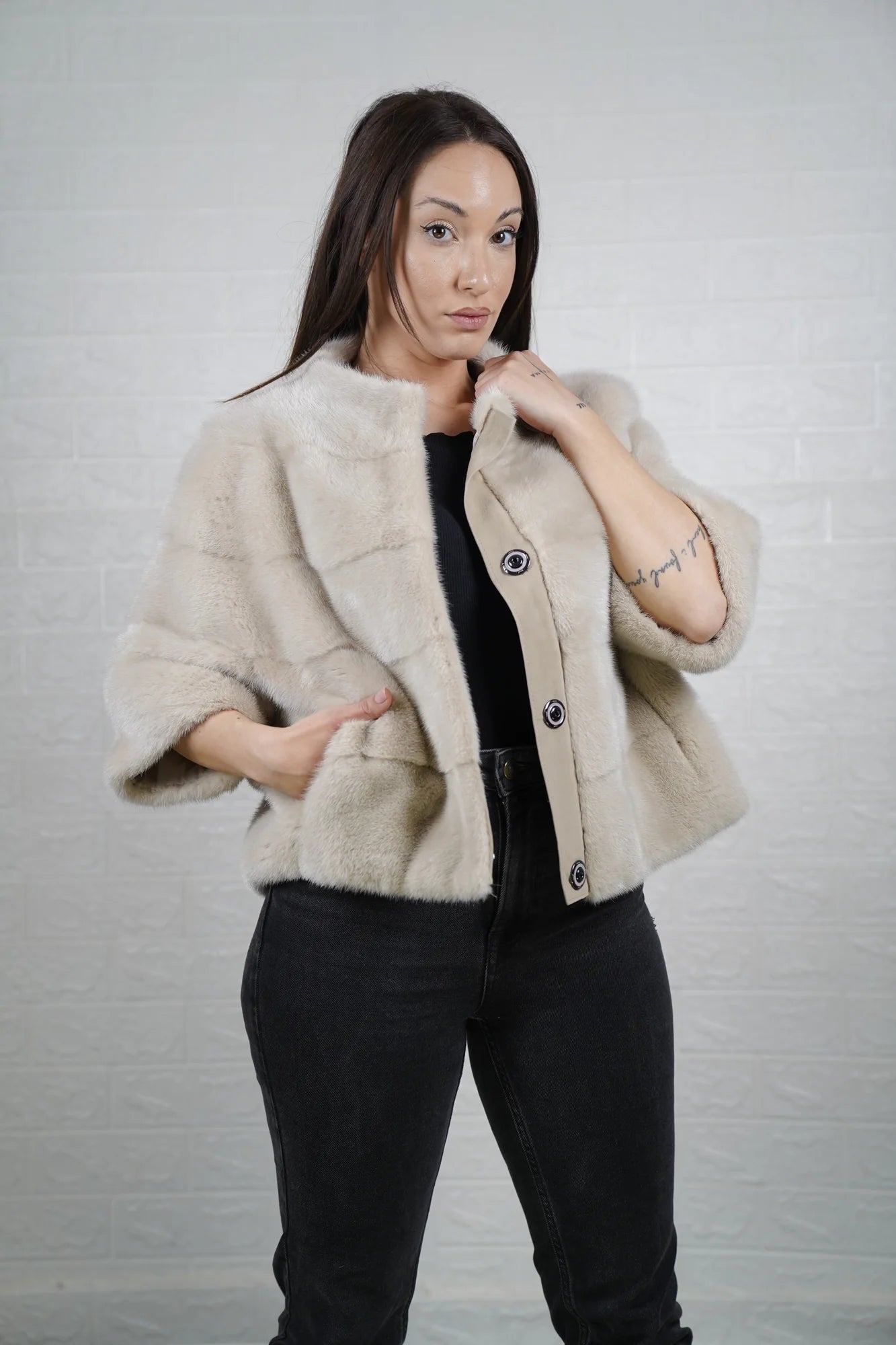 Mink fur jacket beige women shown full length from front displaying clean short bomber silhouette and soft natural beige skin on skin flow — Greek craftsmanship, TatiFurs
