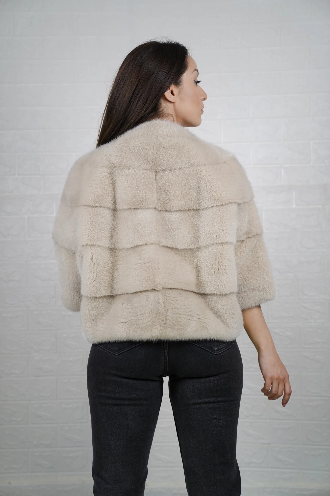 Mink fur jacket beige close-up texture showing skin on skin vertical pelt flow and soft warm natural beige mink depth — Greek craftsmanship, TatiFurs
