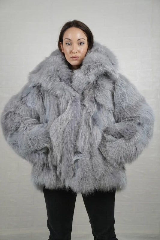 Fox fur jacket gray collar hip level women — front view, TatiFurs
