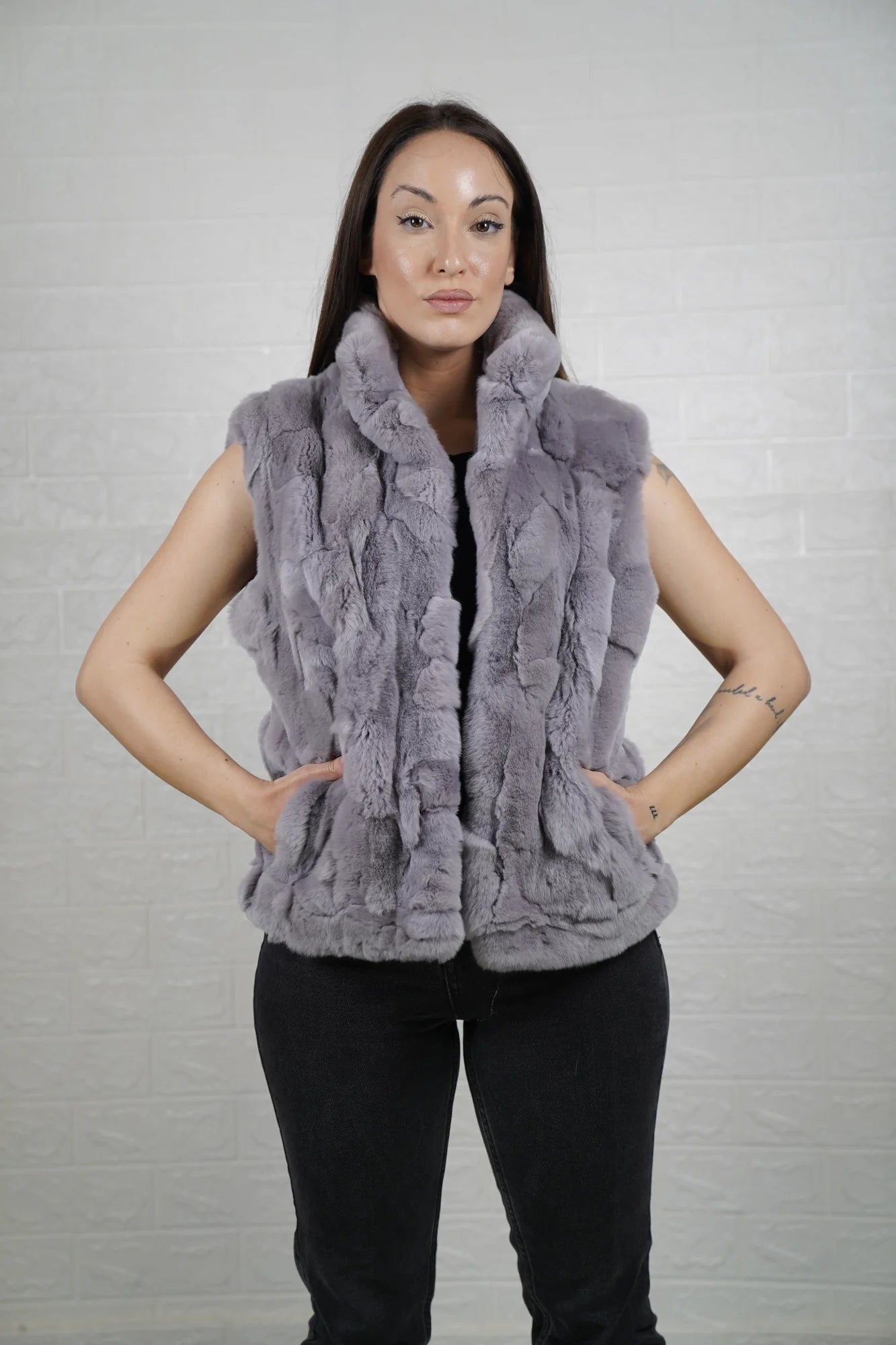 rex rabbit fur vest light gray — side profile, hip level silhouette — Greek craftsmanship, TatiFurs
