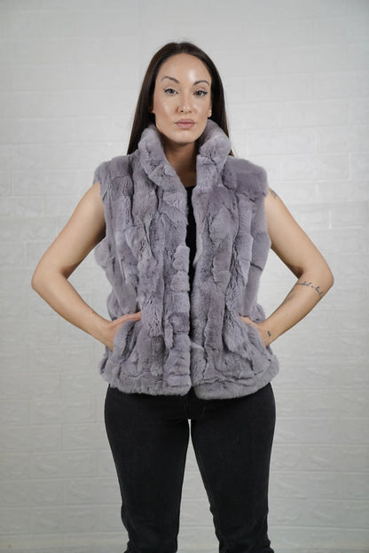 rex rabbit fur vest light gray — side profile, hip level silhouette — Greek craftsmanship, TatiFurs
