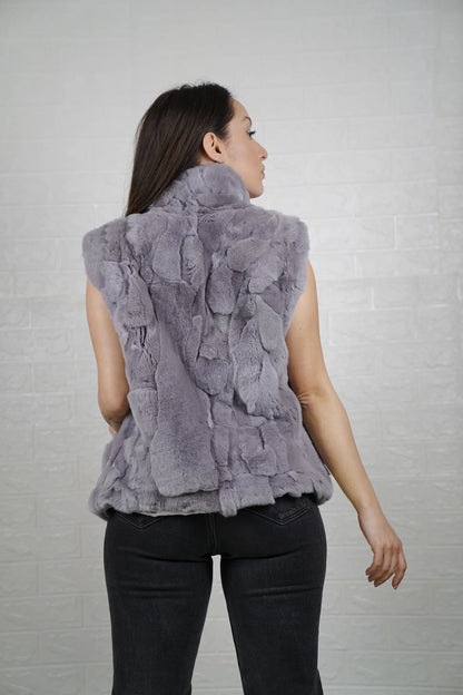 rex rabbit fur vest light gray — collar detail and button fastening, clean neckline — Greek craftsmanship, TatiFurs
