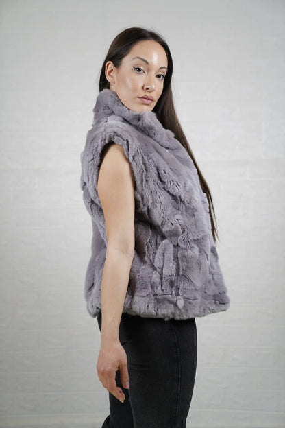 rex rabbit fur vest light gray — full front view, button closure collar to hem — Greek craftsmanship, TatiFurs

