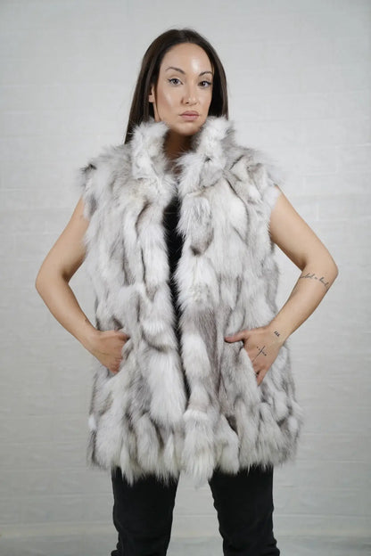 Fox fur vest blue natural close-up showing cool luminous natural blue fox pile depth and atmospheric tonal variation across assembled panels — Greek craftsmanship, TatiFurs
