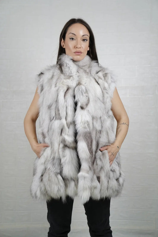 Fox fur vest blue natural below hip women — front view, TatiFurs
