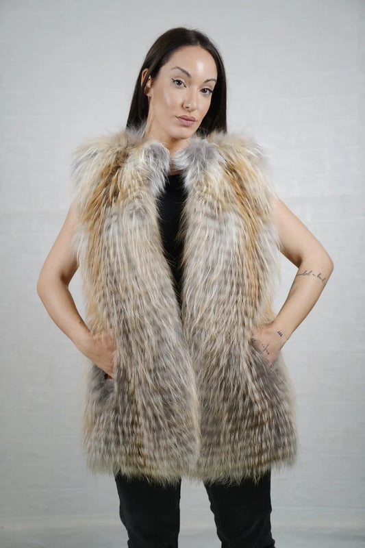 Fox fur vest golden island collar below hip women — front view, TatiFurs
