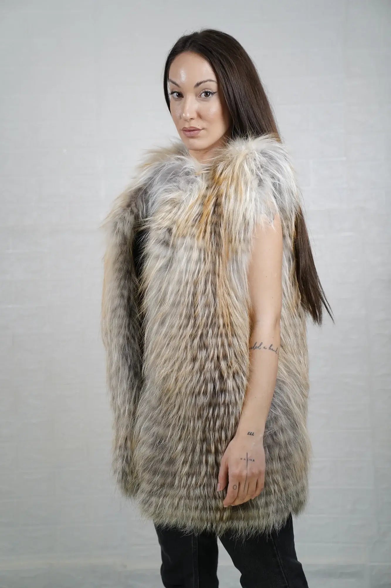 Fox fur vest golden islanddisplaying full skin warm radiant golden island fox and below hip collared silhouette — Greek craftsmanship, TatiFurs
