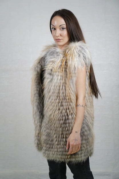 Fox fur vest golden islanddisplaying full skin warm radiant golden island fox and below hip collared silhouette — Greek craftsmanship, TatiFurs
