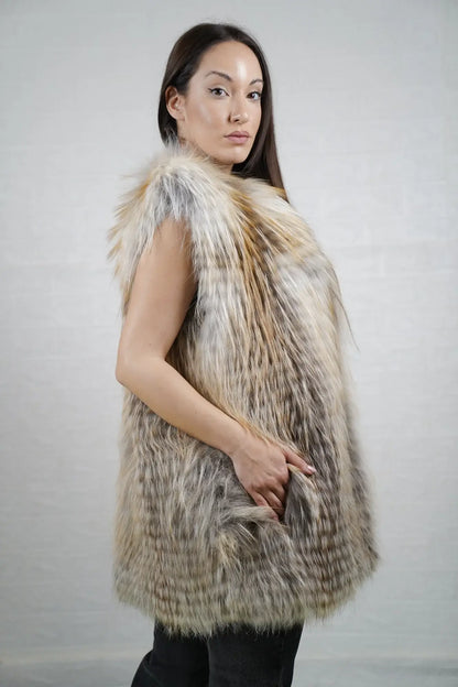 Fox fur vest golden island women shown full length from front displaying collar frame and button closure in full skin warm radiant golden island fox below hip — Greek craftsmanship, TatiFurs
