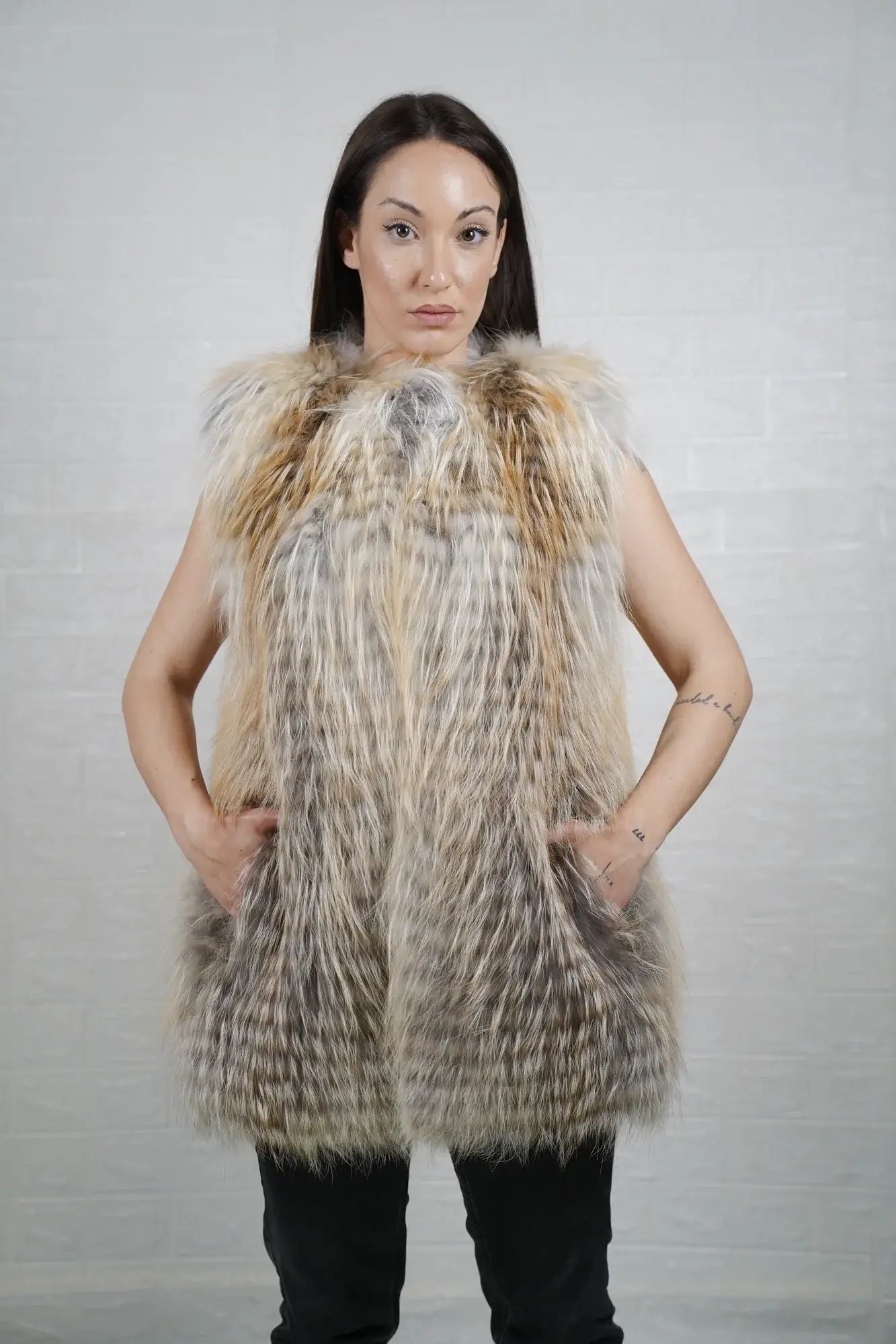 Fox fur vest golden island displaying full skin warm radiant gold fox and below hip collared silhouette — Greek craftsmanship, TatiFurs
