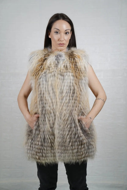 Fox fur vest golden island displaying full skin warm radiant gold fox and below hip collared silhouette — Greek craftsmanship, TatiFurs
