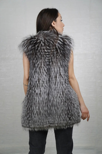 Fox fur vest silver shown from the back displaying full below hip silhouette and consistent luminous silver fox full skin surface — Greek craftsmanship, TatiFurs
