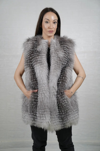 Fox fur vest natural frost shown from the side displaying below hip silhouette and cool atmospheric natural frost fox full skin natural drape — Greek craftsmanship, TatiFurs
