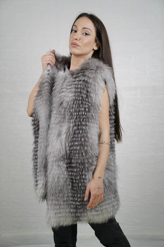 Fox fur vest natural frost displaying full skin cool gray silver natural frost fox and below hip silhouette — Greek craftsmanship, TatiFurs
