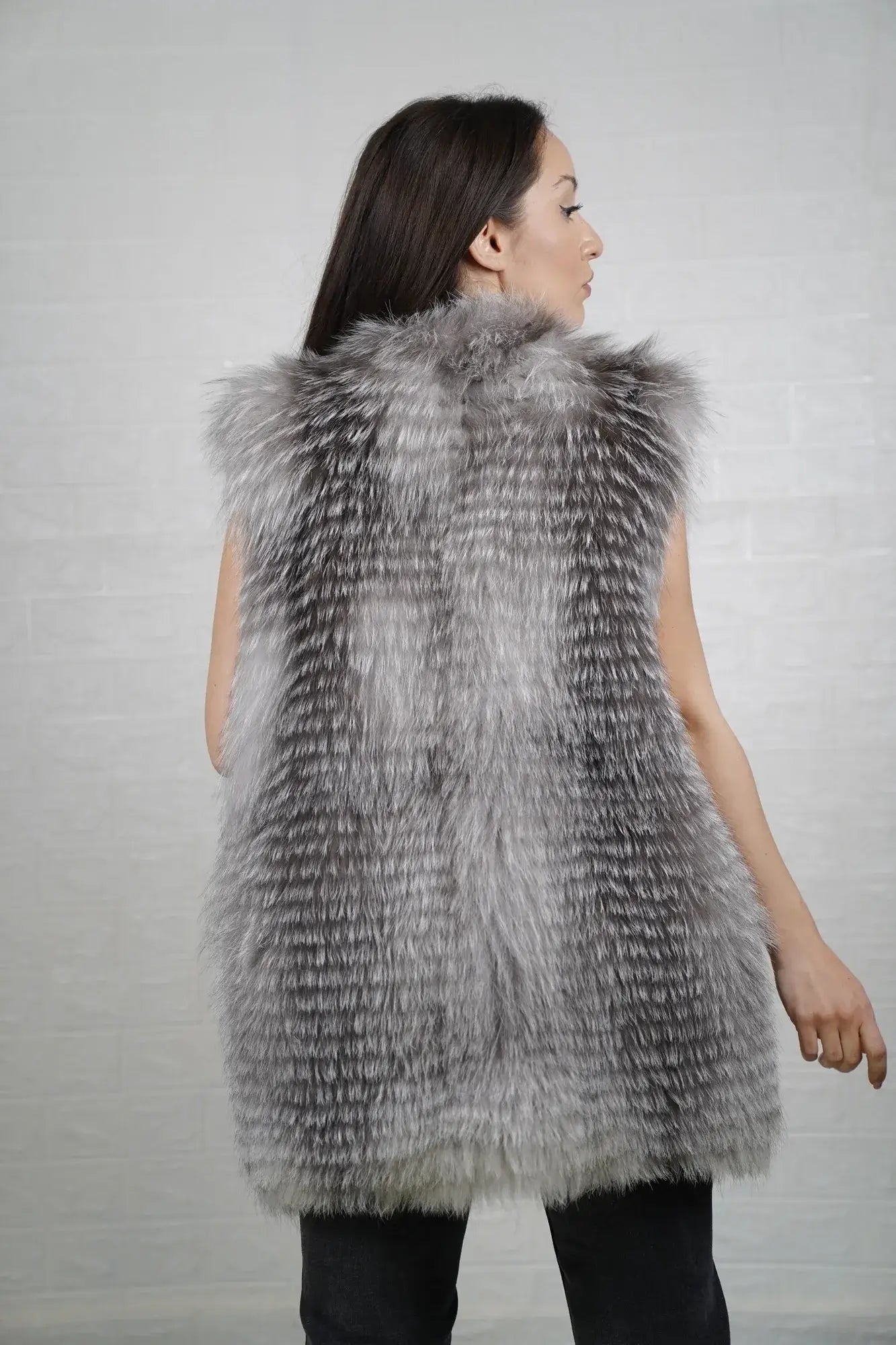 Fox fur vest natural frost women shown full length from front displaying button closure and below hip silhouette in cool gray silver natural frost fox — Greek craftsmanship, TatiFurs
