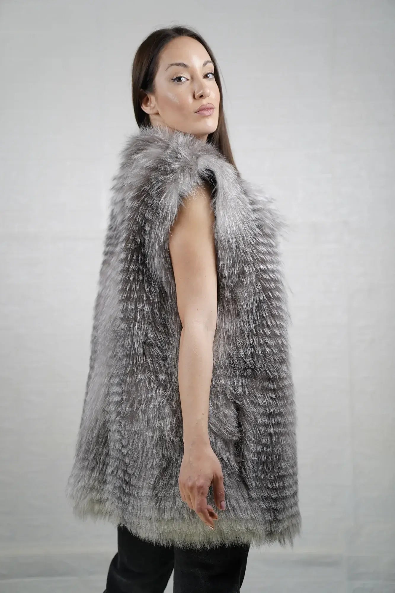 Fox fur vest natural frost close-up texture showing full skin natural frost fox long pile depth and cool gray silver atmospheric tonal variation — Greek craftsmanship, TatiFurs
