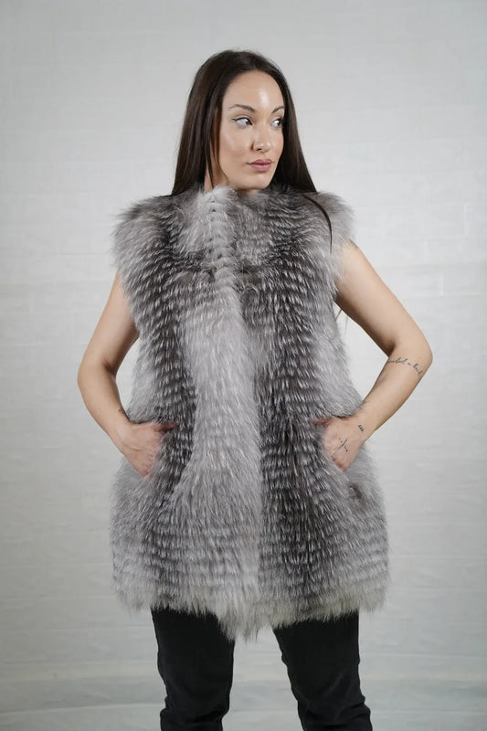 Fox fur vest natural frost below hip women — front view, TatiFurs
