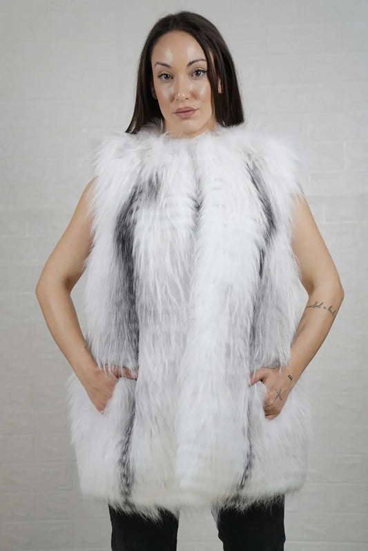 Fox fur vest platinum natural below hip women — front view, TatiFurs

