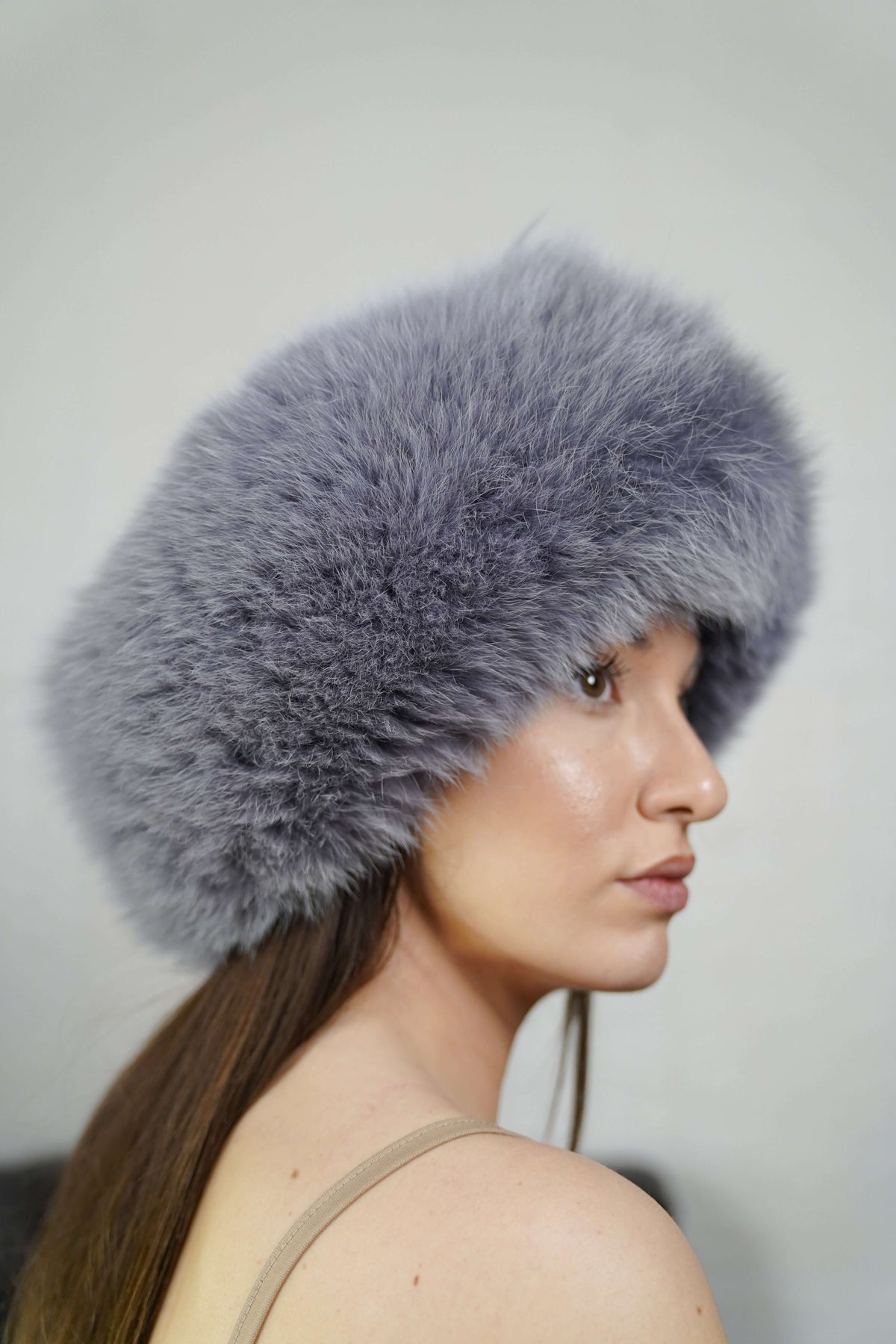 Fox Fur Headband Grey — Full Skin, Elastic shown from the side displaying the plush soft smoky grey fur band over the ears — Greek craftsmanship, TatiFurs