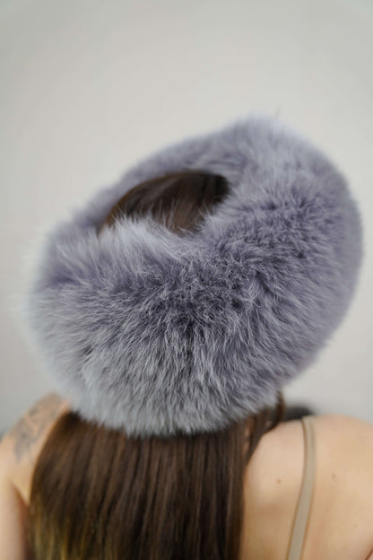 Fox Fur Headband Grey — Full Skin, Elastic shown from the back displaying the lined elastic closure and full soft smoky grey pile — Greek craftsmanship, TatiFurs