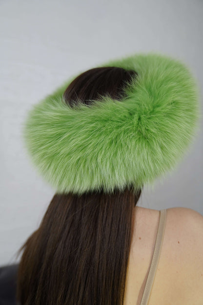 Fox Fur Headband Green — Full Skin, Elastic shown from the back displaying the lined elastic closure and full fresh apple green pile — Greek craftsmanship, TatiFurs
