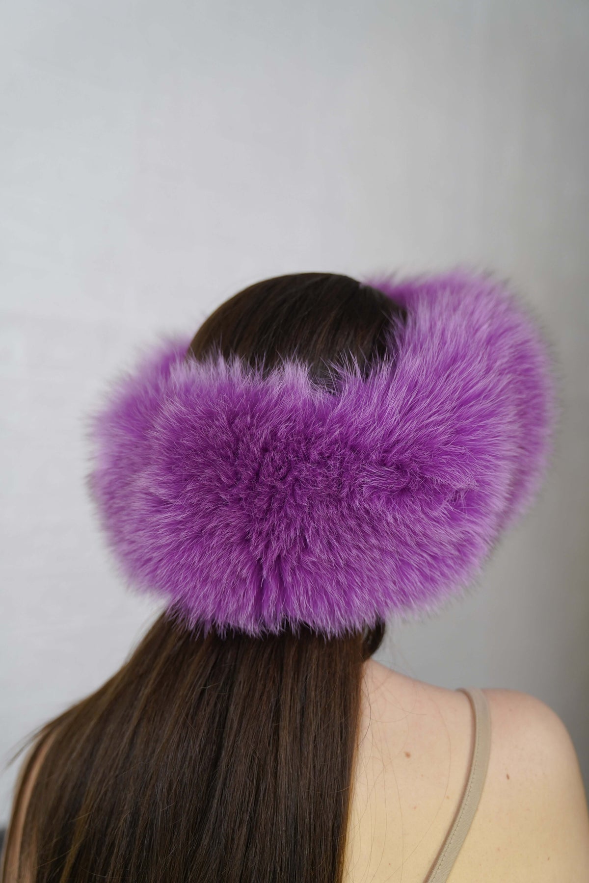Fox Fur Headband Purple — Full Skin, Elastic shown from the back displaying the lined elastic closure and full deep royal purple pile — Greek craftsmanship, TatiFurs