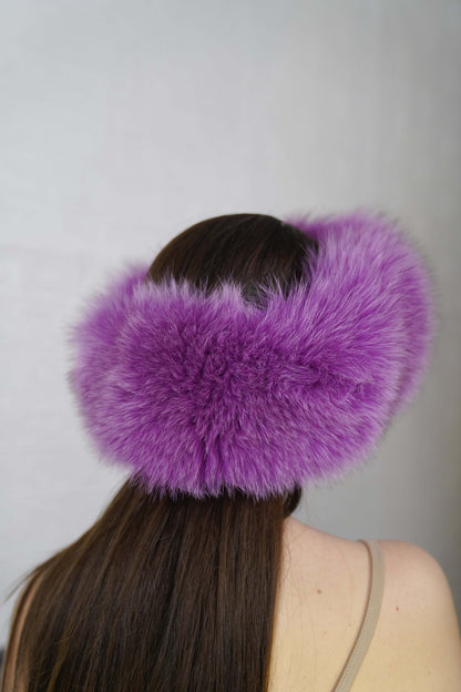 Fox Fur Headband Purple — Full Skin, Elastic shown from the back displaying the lined elastic closure and full deep royal purple pile — Greek craftsmanship, TatiFurs