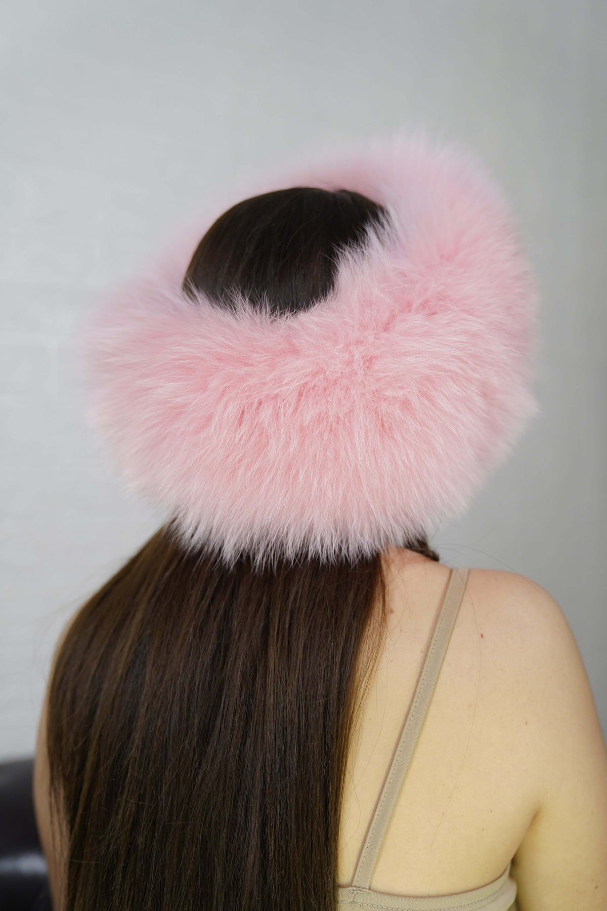 Fox Fur Headband Pink — Full Skin, Elastic shown from the back displaying the lined elastic closure and full soft powder pink pile — Greek craftsmanship, TatiFurs