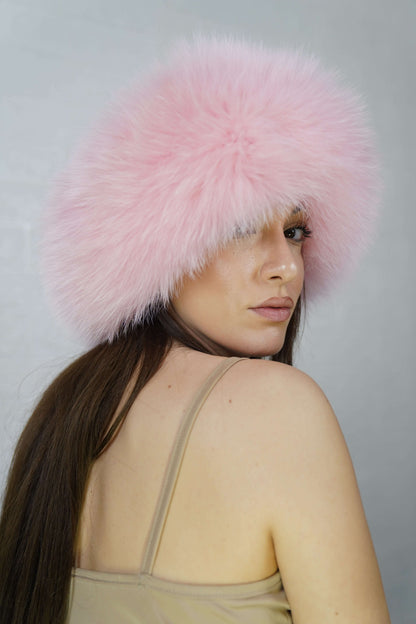 Fox Fur Headband Pink — Full Skin, Elastic worn by a model, showcasing the soft powder pink fur framing the face in winter style — TatiFurs