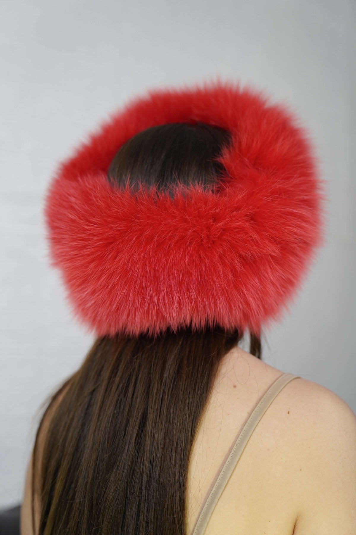 Fox Fur Headband Red — Full Skin, Elastic shown from the back displaying the lined elastic closure and full rich true red pile — Greek craftsmanship, TatiFurs