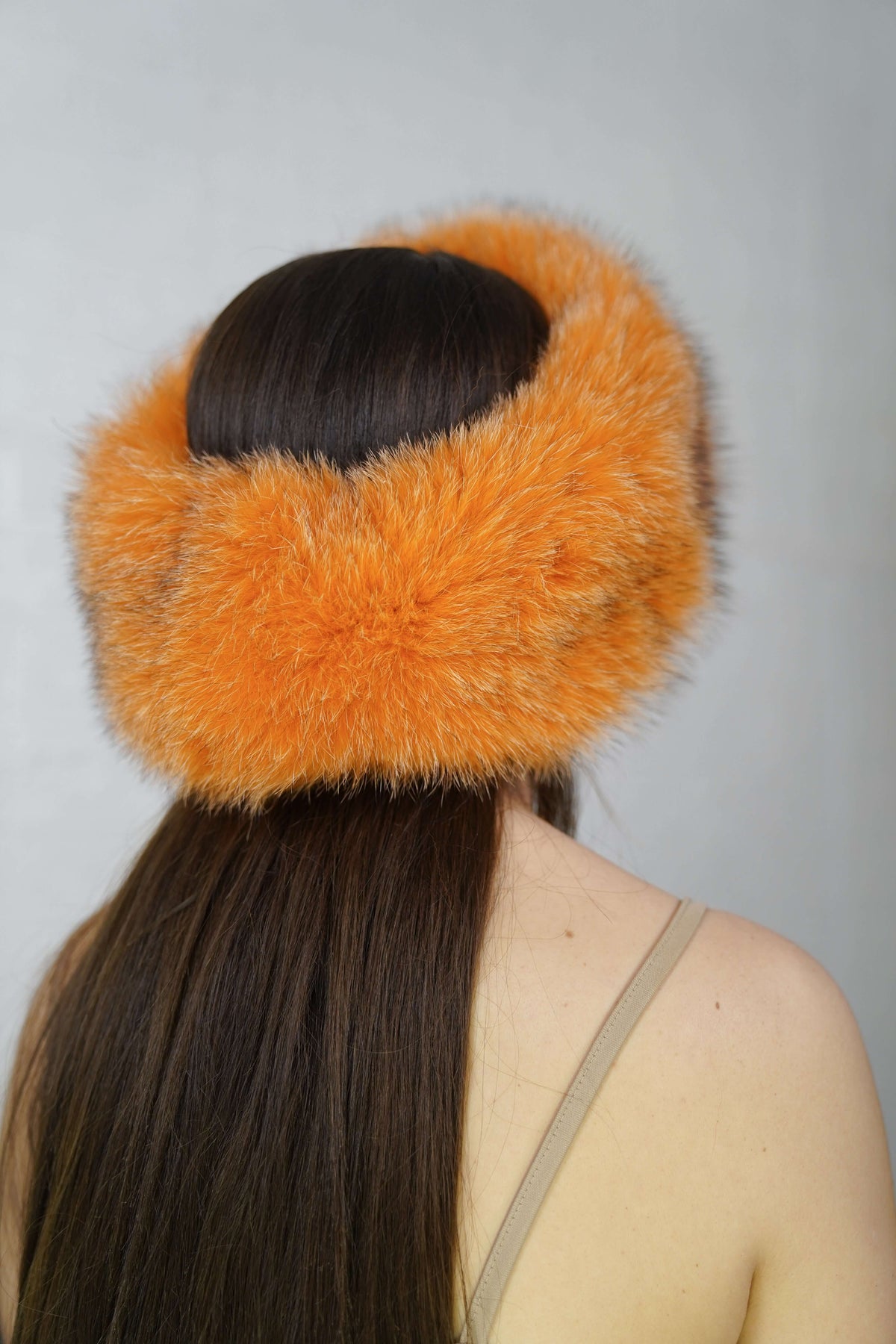 Fox Fur Headband Orange — Full Skin, Elastic shown from the back displaying the lined elastic closure and full bright tangerine orange pile — Greek craftsmanship, TatiFurs