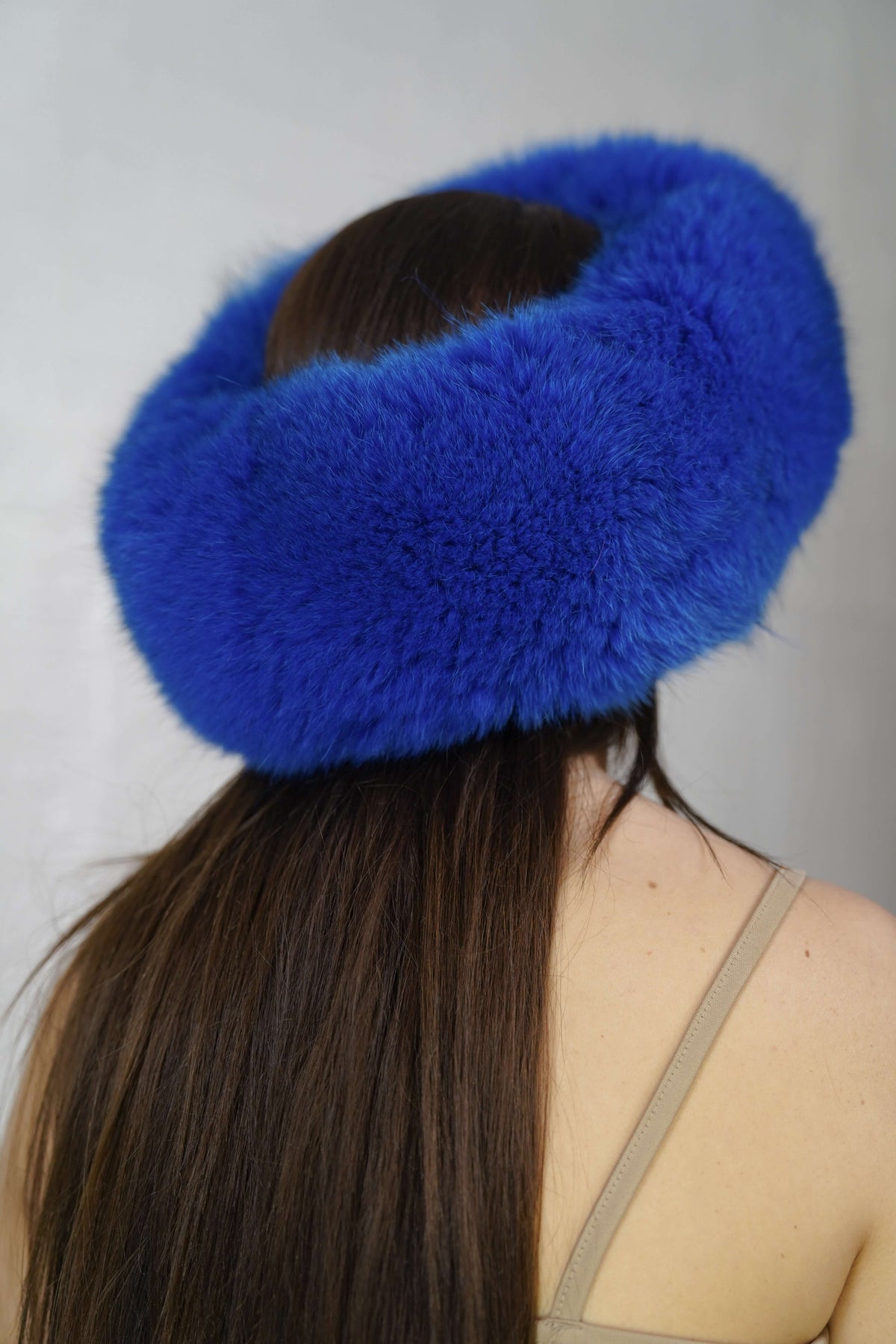 Fox Fur Headband Royal Blue — Full Skin, Elastic shown from the back displaying the lined elastic closure and full vivid royal blue pile — Greek craftsmanship, TatiFurs