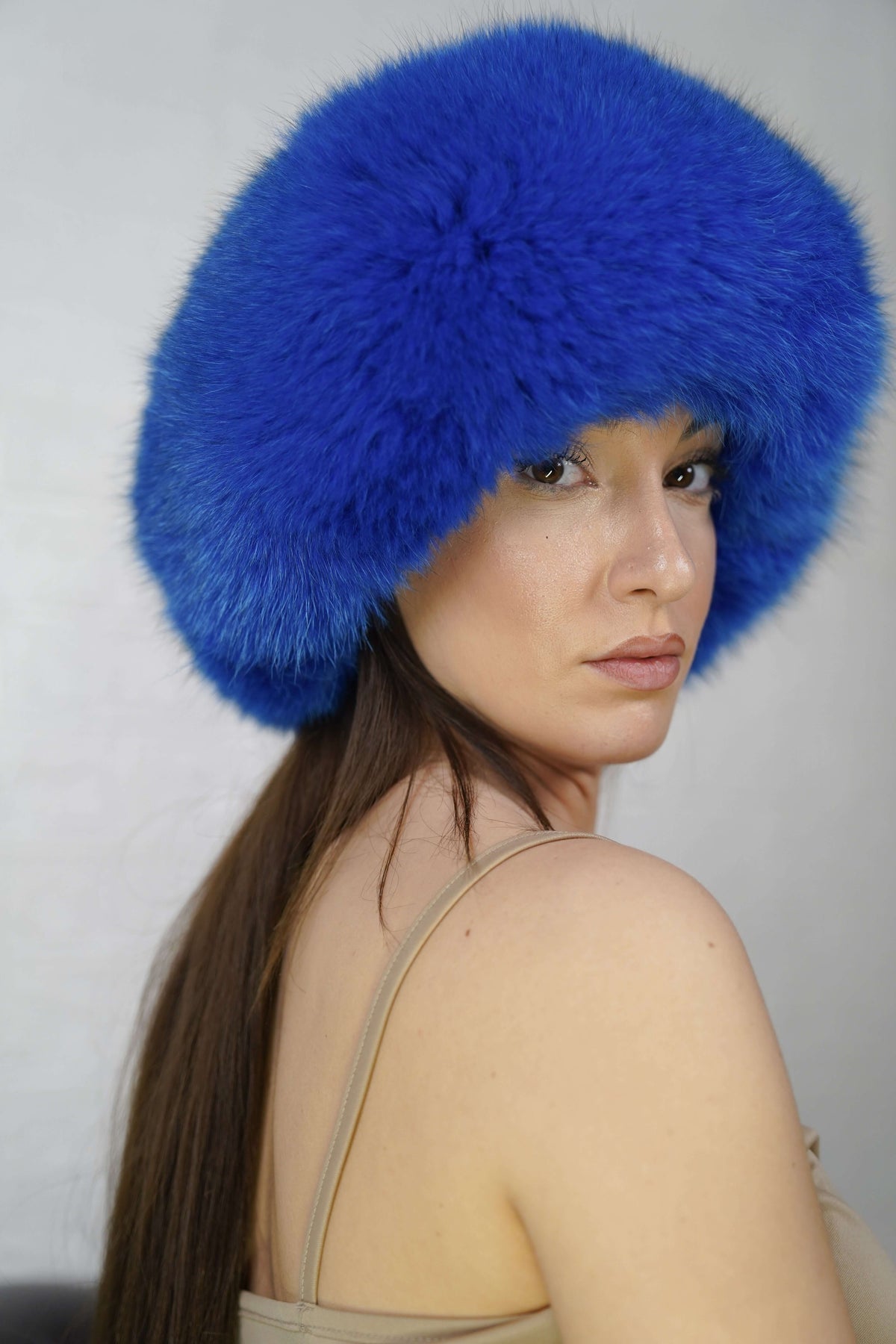 Fox Fur Headband Royal Blue — Full Skin, Elastic — front view worn by a woman, TatiFurs