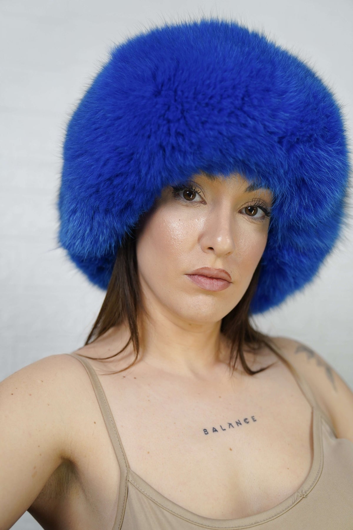 Fox Fur Headband Royal Blue — Full Skin, Elastic three-quarter view displaying the volume and depth of the vivid royal blue fur — Greek craftsmanship, TatiFurs