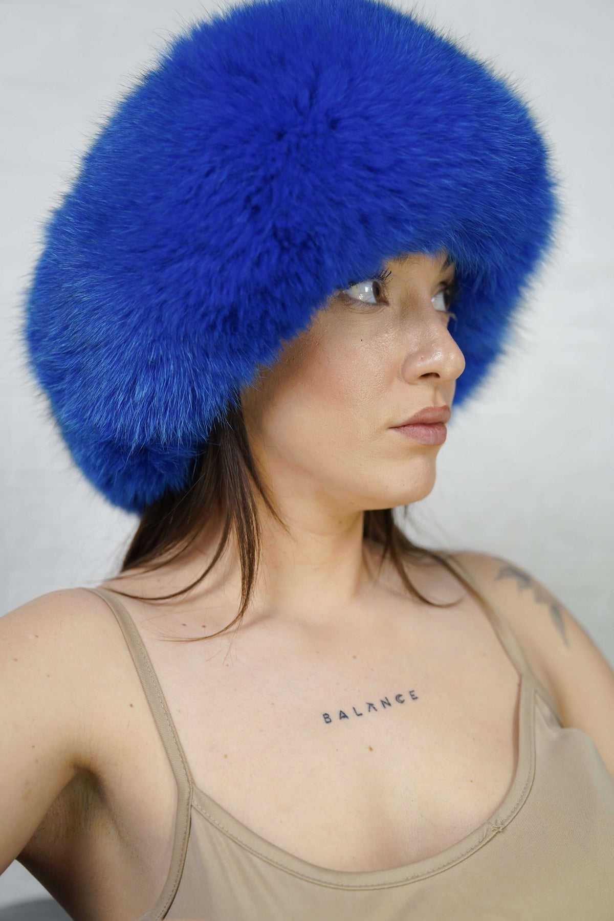 Fox Fur Headband Royal Blue — Full Skin, Elastic shown from the side displaying the plush vivid royal blue fur band over the ears — Greek craftsmanship, TatiFurs