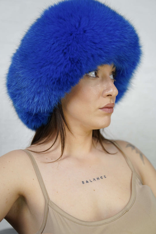 Fox Fur Headband Royal Blue — Full Skin, Elastic shown from the side displaying the plush vivid royal blue fur band over the ears — Greek craftsmanship, TatiFurs