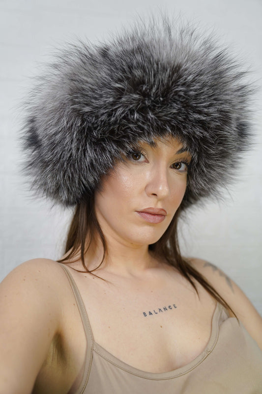 Fox Fur Headband Silver — Full Skin, Elastic — front view worn by a woman, TatiFurs