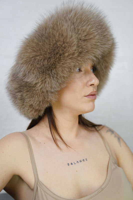 Fox Fur Headband Camel Brown — Full Skin, Elastic shown from the side displaying the plush warm natural camel brown fur band over the ears — Greek craftsmanship, TatiFurs
