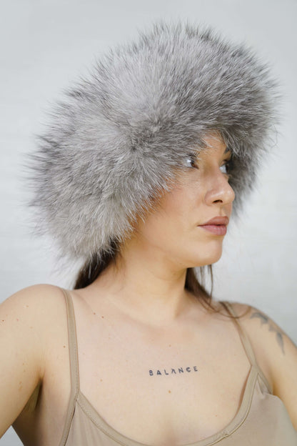 Fox Fur Headband Natural Gray — Full Skin, Elastic shown from the side displaying the plush undyed natural gray fox with pale frosted tips fur band over the ears — Greek craftsmanship, TatiFurs