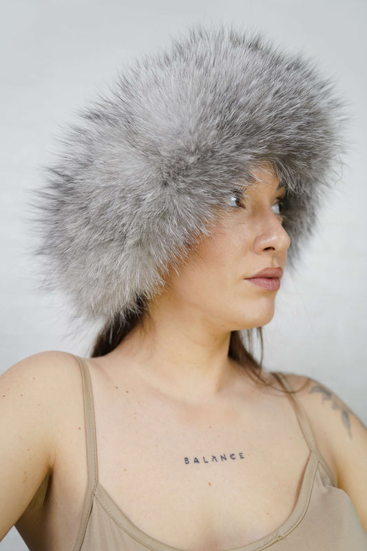 Fox Fur Headband Natural Gray — Full Skin, Elastic shown from the side displaying the plush undyed natural gray fox with pale frosted tips fur band over the ears — Greek craftsmanship, TatiFurs