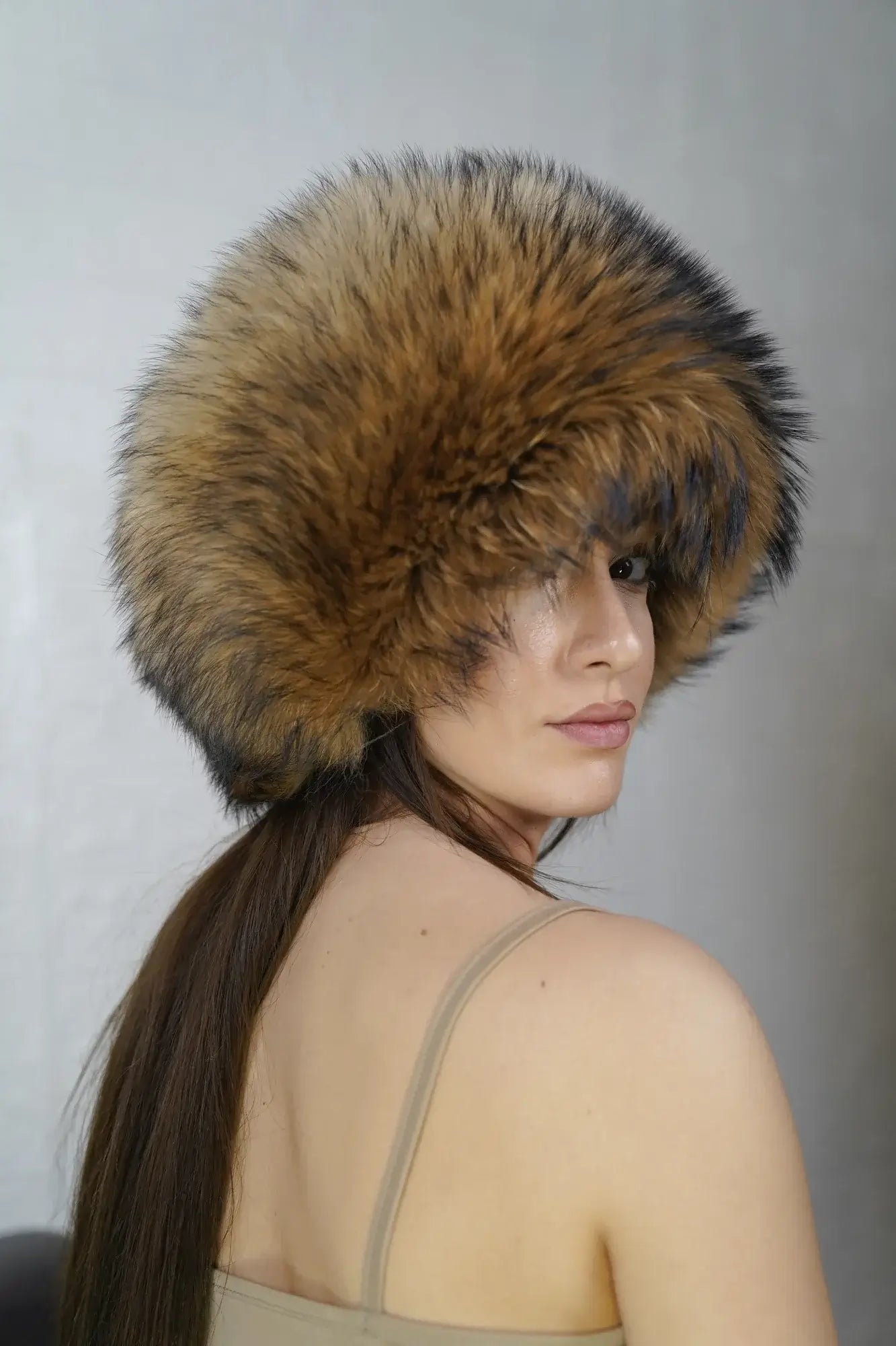 Finn raccoon hat natural full skin adjustable women — front view worn, TatiFurs
