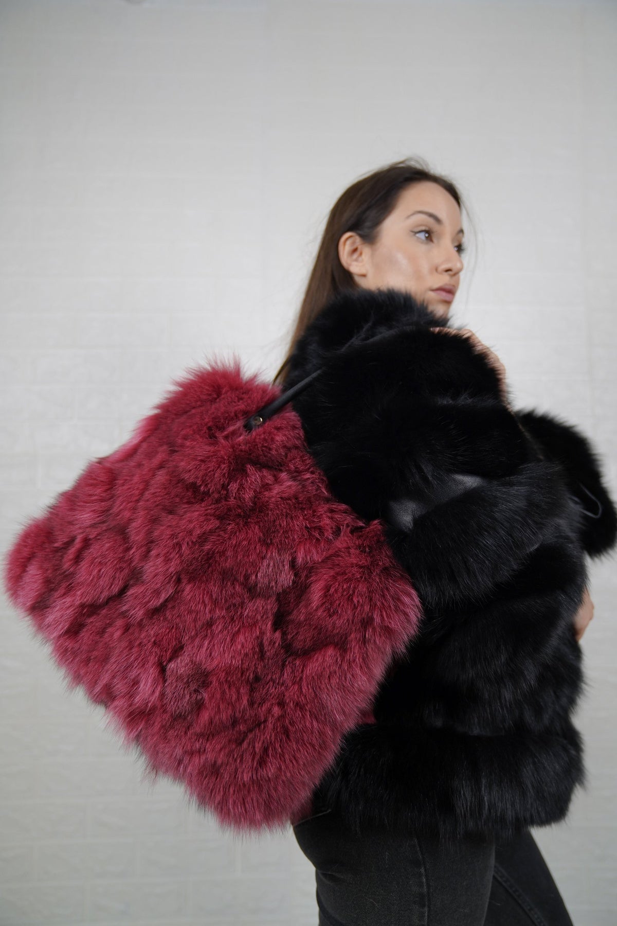 Fox Fur Bag Red Purple — Large Tote, Leather Handles — carried on the shoulder, side view of the large red purple fox fur tote, TatiFurs