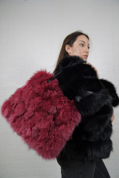 Fox Fur Bag Red Purple — Large Tote, Leather Handles — carried on the shoulder, side view of the large red purple fox fur tote, TatiFurs