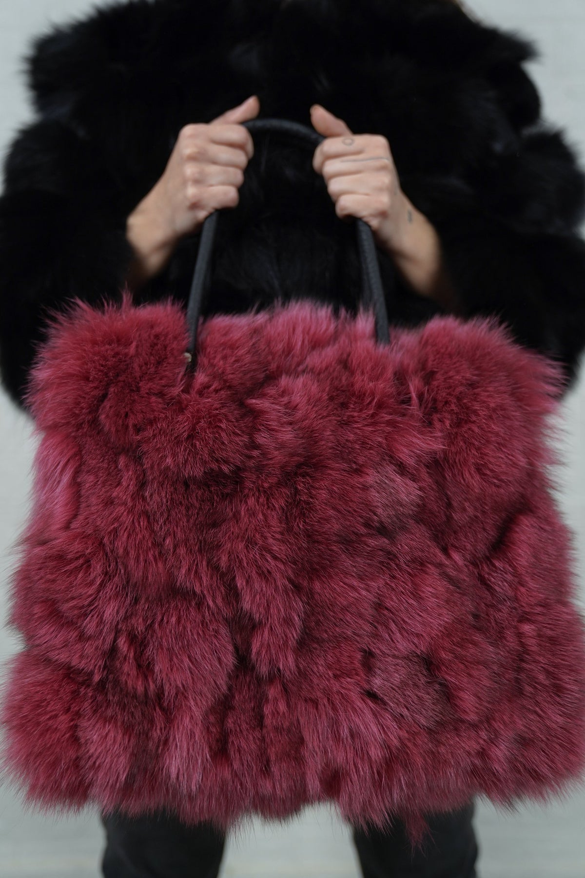 Fox Fur Bag Red Purple — Large Tote, Leather Handles — close-up front view of the red purple fox fur rows and black leather handles, TatiFurs
