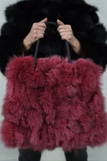 Fox Fur Bag Red Purple — Large Tote, Leather Handles — close-up front view of the red purple fox fur rows and black leather handles, TatiFurs